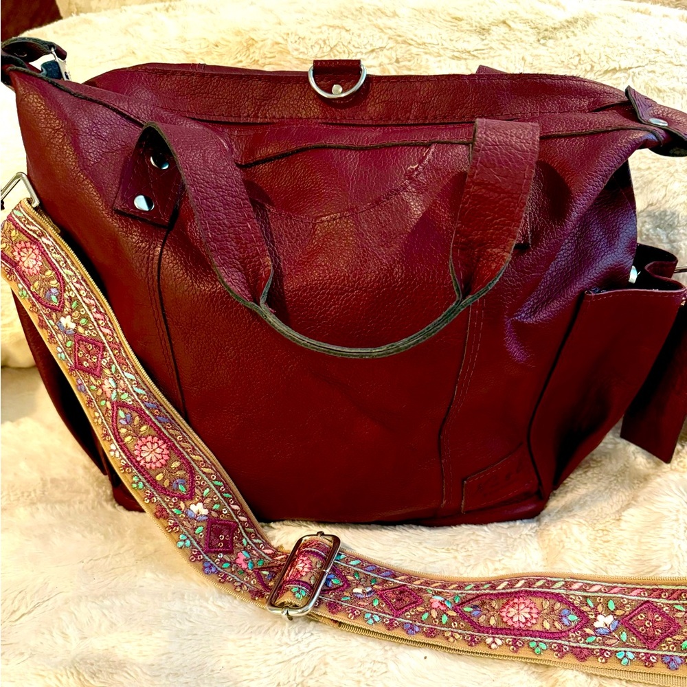 Nena & Co. Burgundy Leather Tote with Embroidered Strap